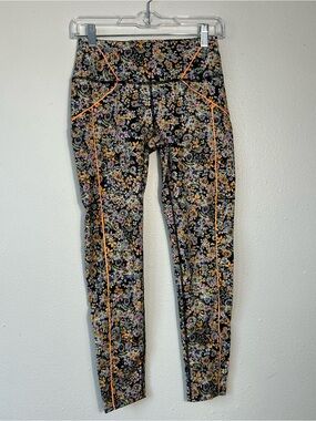 FP Movement Free People You're A Peach Floral Leggings Pockets XS Orange Trim